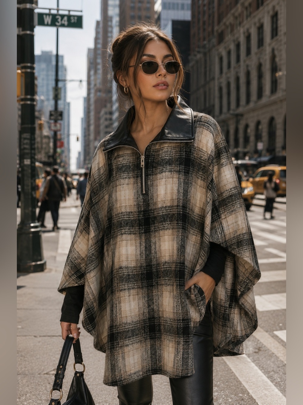 Blank NYC checked out plaid poncho cape jacket quarter zip vegan leather collar